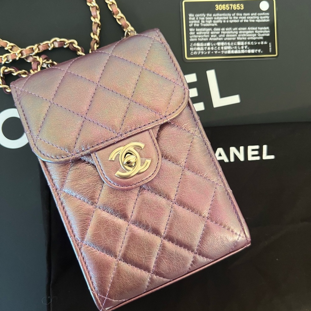 Authentic Chanel purple iridescent cc flap phone holder bag